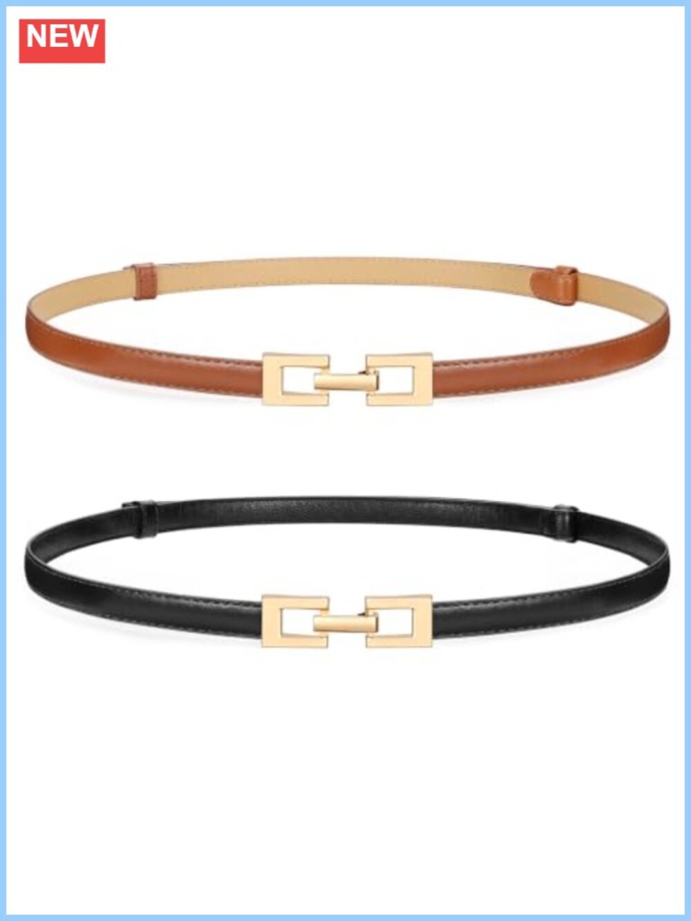 Skinny PU Leather Belt Gold Buckle 2 Pack Thin Waist Belts for Pants